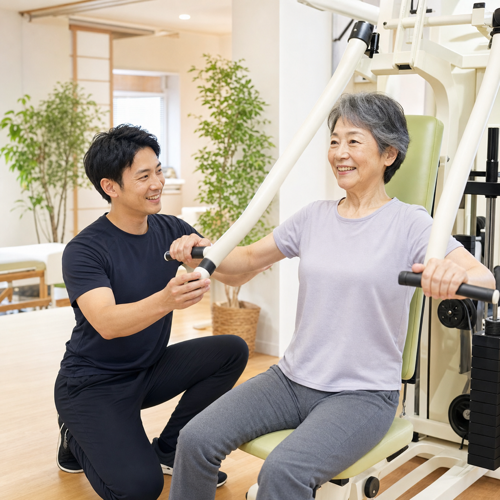 マシンを使った運動指導のようす。シニアの方が安心して筋力づくりに取り組んでいる