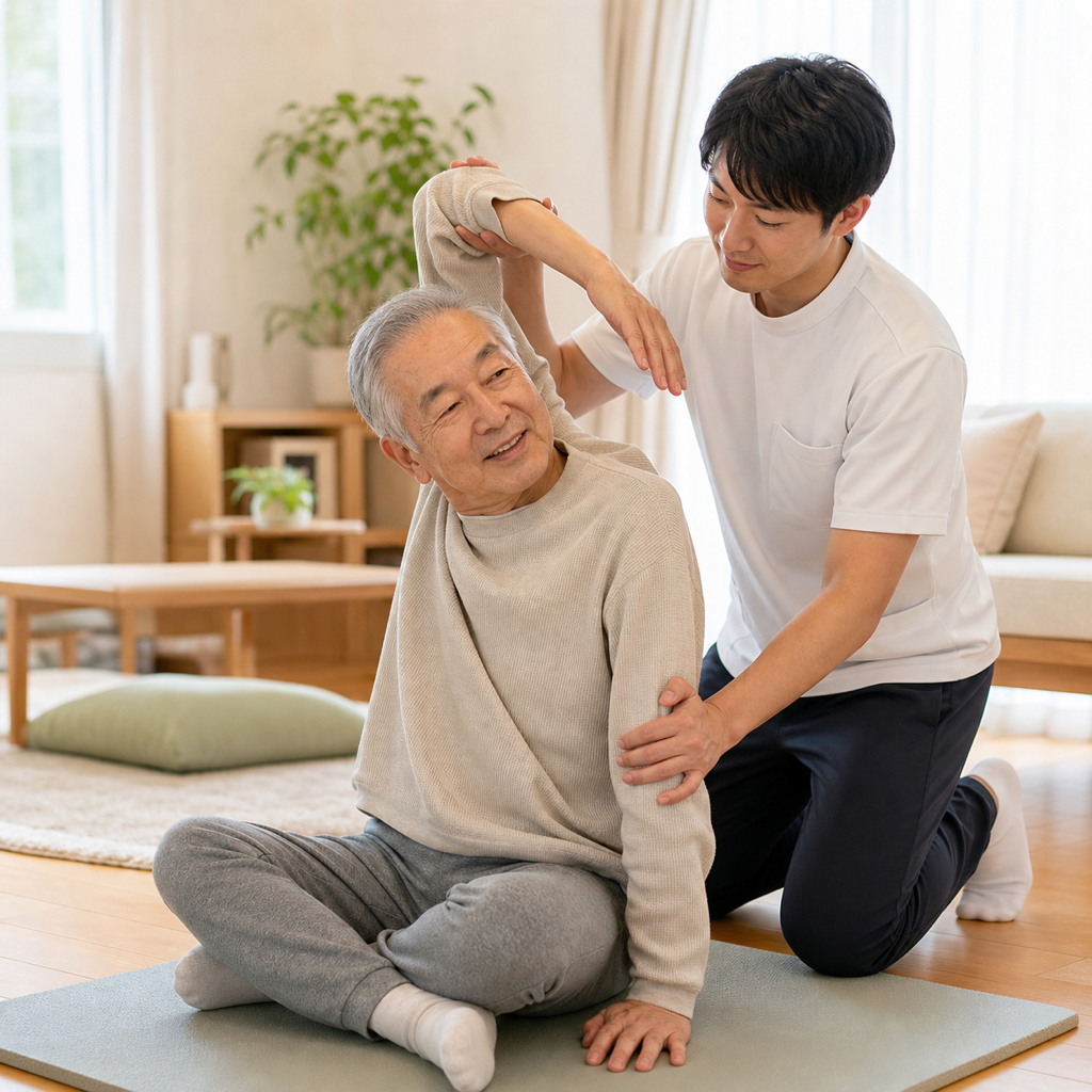 ご自宅への出張指導のようす。リビングで身体の動かし方を丁寧に案内している